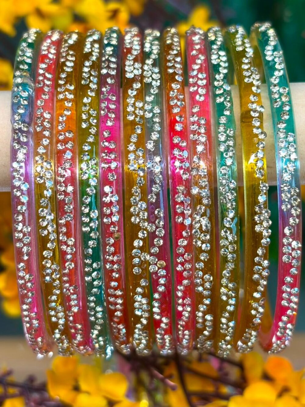 12PC Light Multi Rhinestone Resin Bangle Bracelets Stackable Sparkle Set